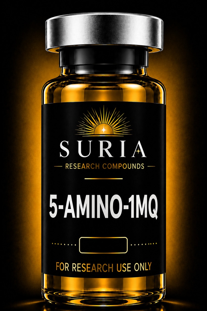 Vial of 5-Amino-1MQ research compound with silver cap and Suria label, lit against a dark background with warm gold ambient light