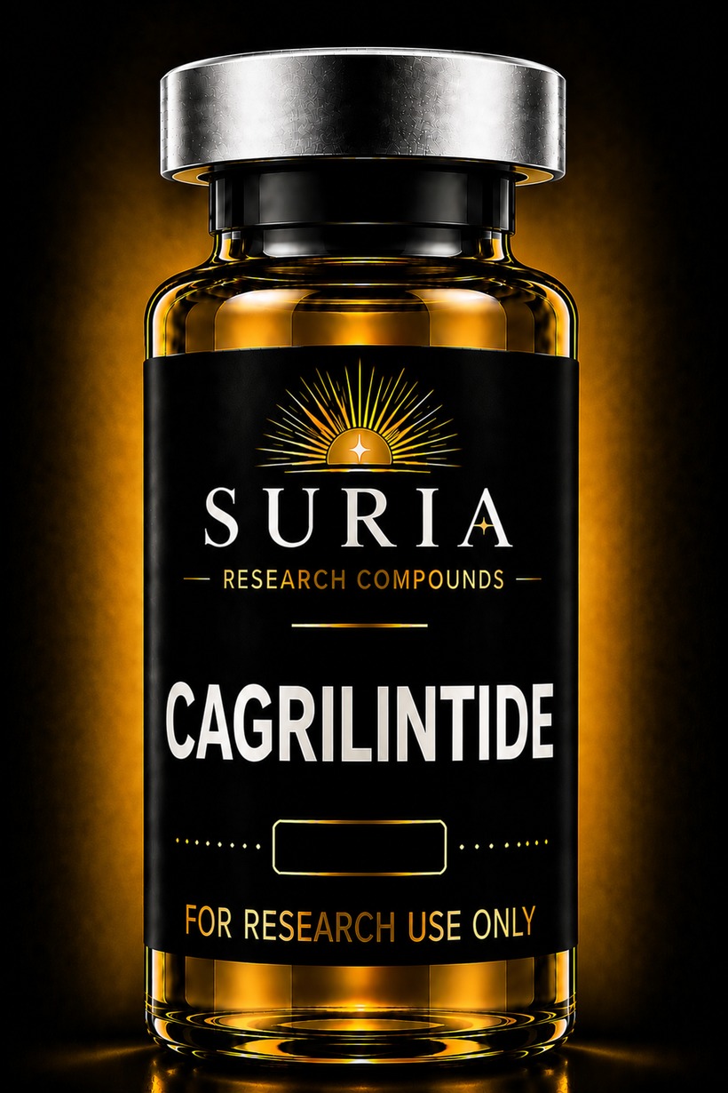Vial of Cagrilintide research compound with silver cap and Suria label, lit against a dark background with warm gold ambient light