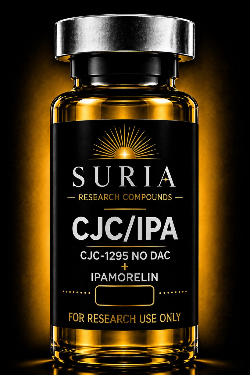 Vial of CJC/IPA research compound with silver cap and Suria label, lit against a dark background with warm gold ambient light