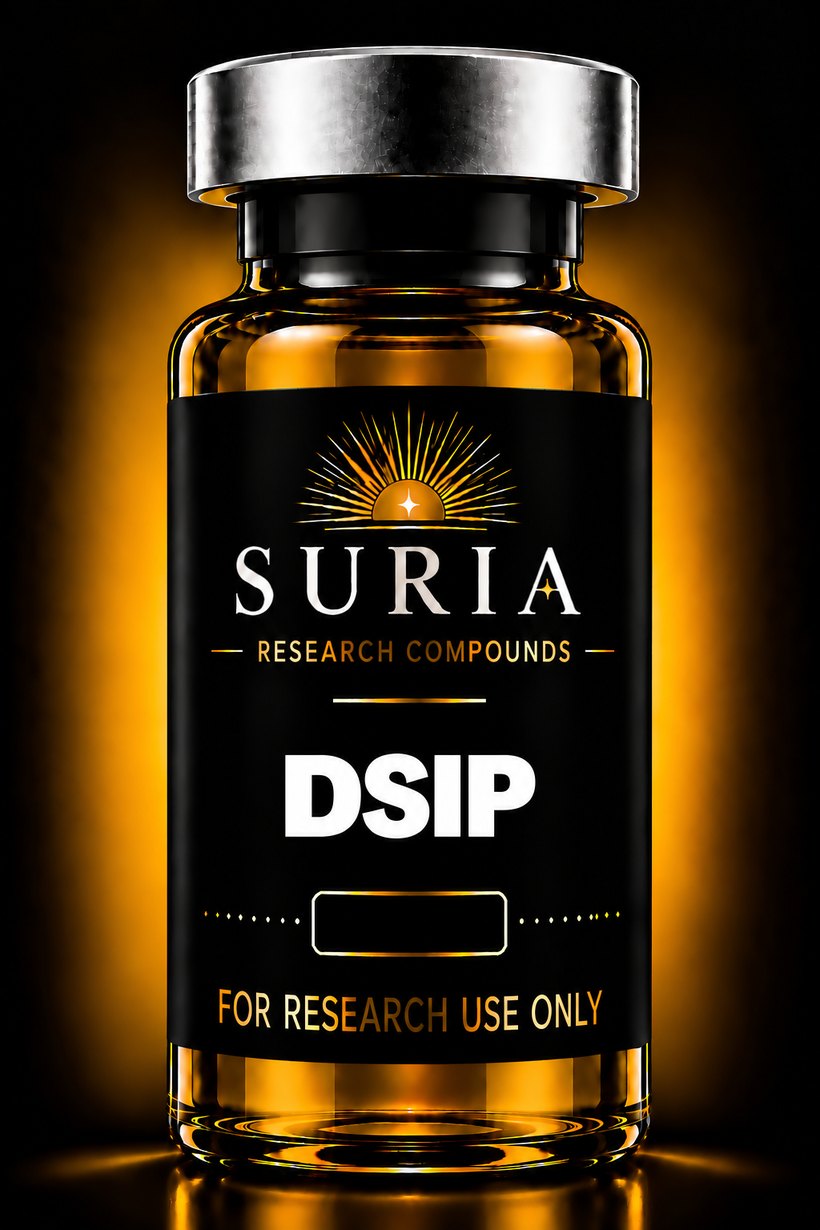 Vial of DSIP research compound with silver cap and Suria label, lit against a dark background with warm gold ambient light
