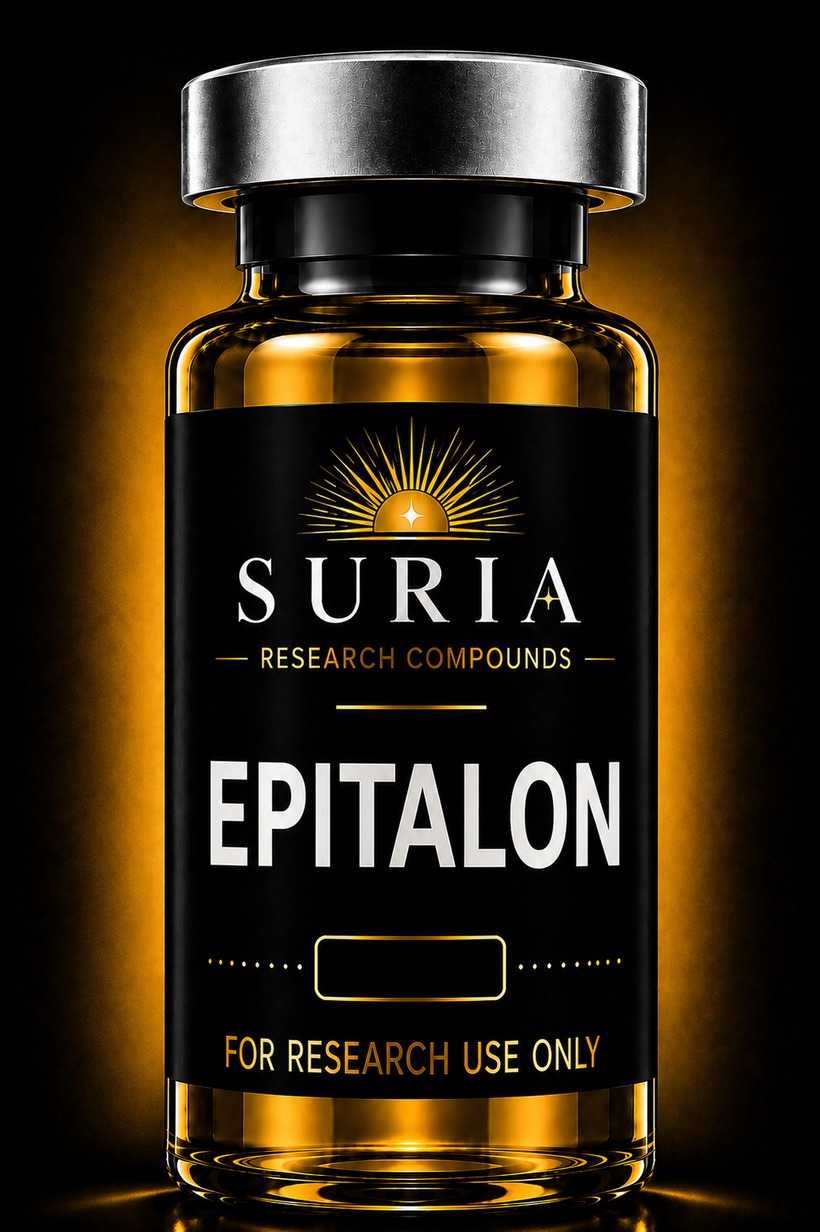 Vial of Epitalon research compound with silver cap and Suria label