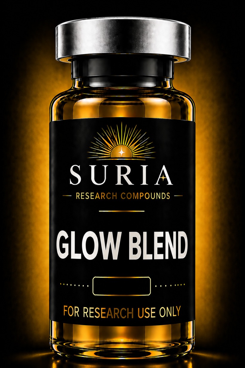Vial of GLOW Blend research compound with silver cap and Suria label
