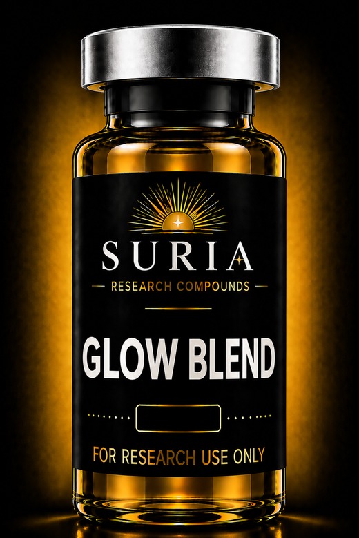 Vial of GLOW Blend research compound with silver cap and Suria label