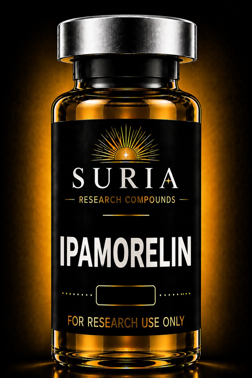 Vial of Ipamorelin research compound with silver cap and Suria label