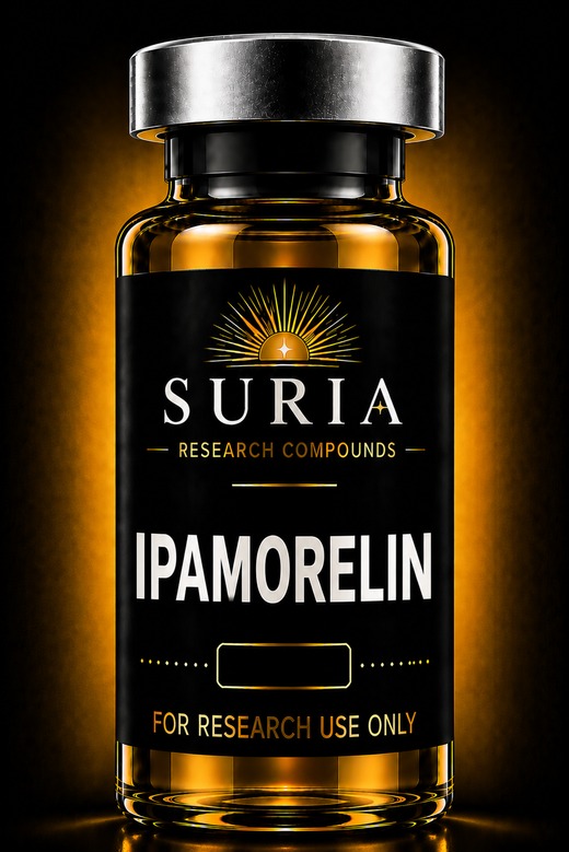 Vial of Ipamorelin research compound with silver cap and Suria label
