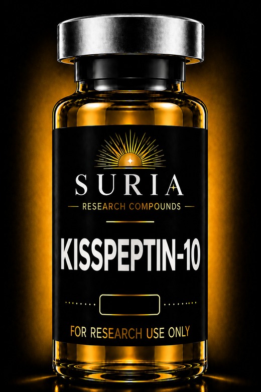 Vial of Kisspeptin-10 research compound with silver cap and Suria label