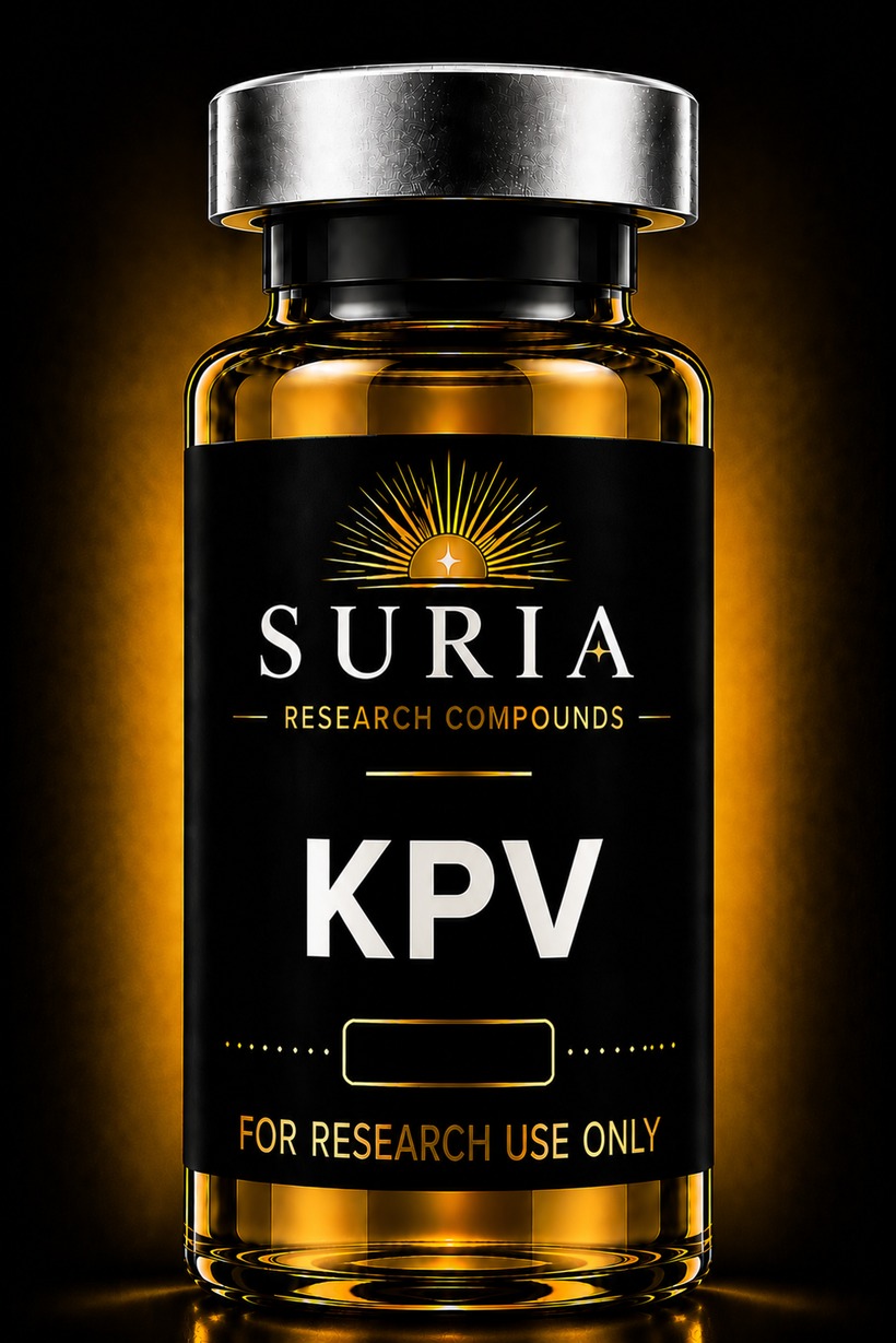 Vial of KPV research compound with silver cap and Suria label