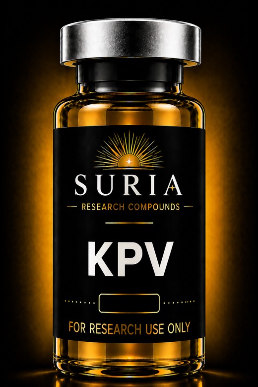 Vial of KPV research compound with silver cap and Suria label