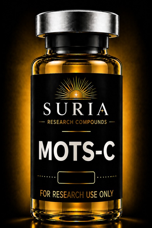 Vial of MOTS-c research compound with silver cap and Suria label