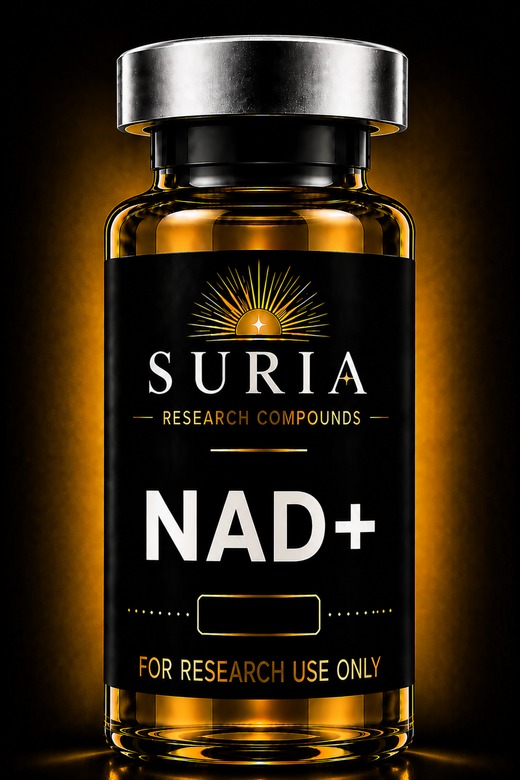 Vial of NAD+ research compound with silver cap and Suria label