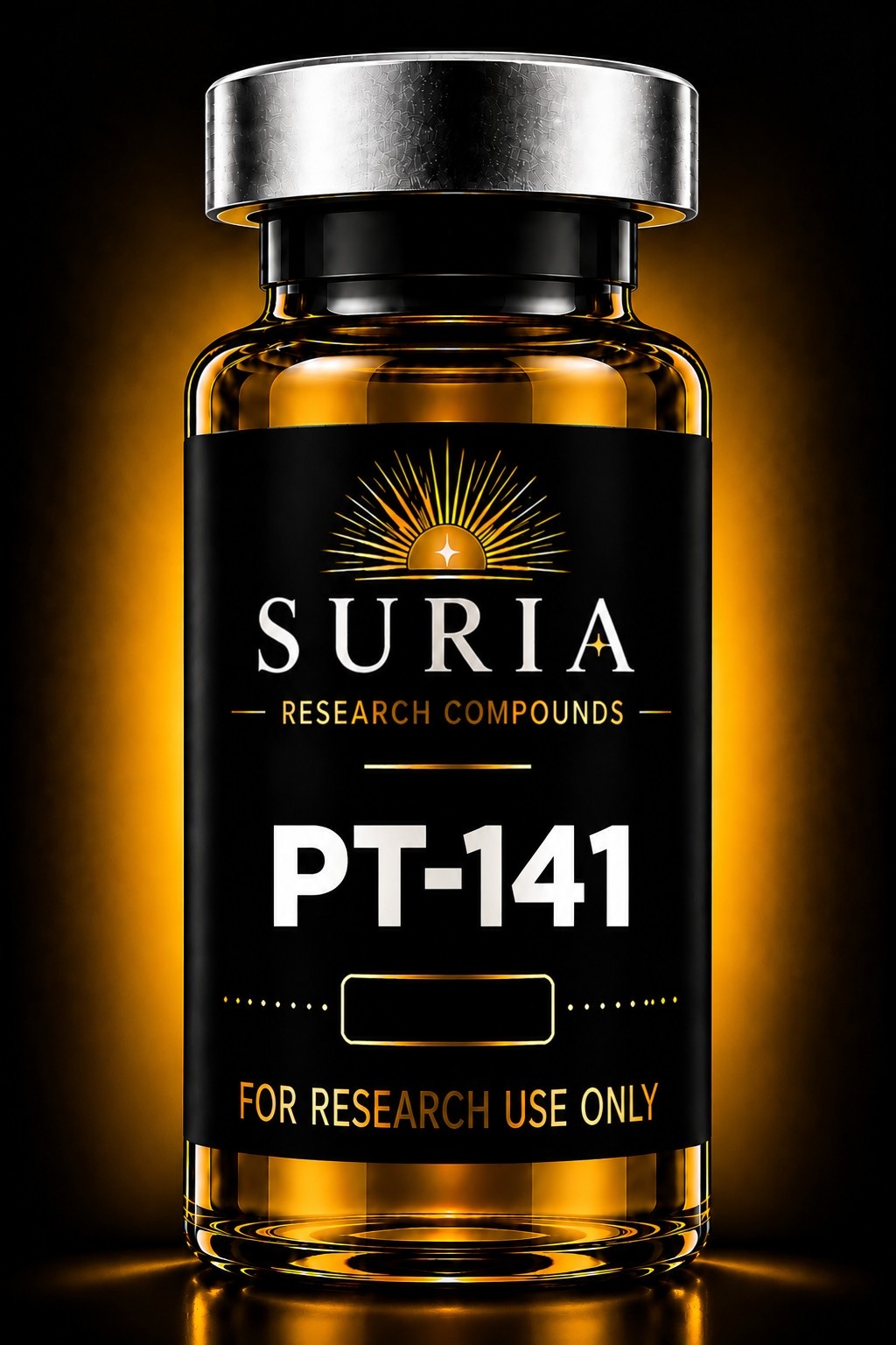 Vial of PT-141 research compound with silver cap and Suria label
