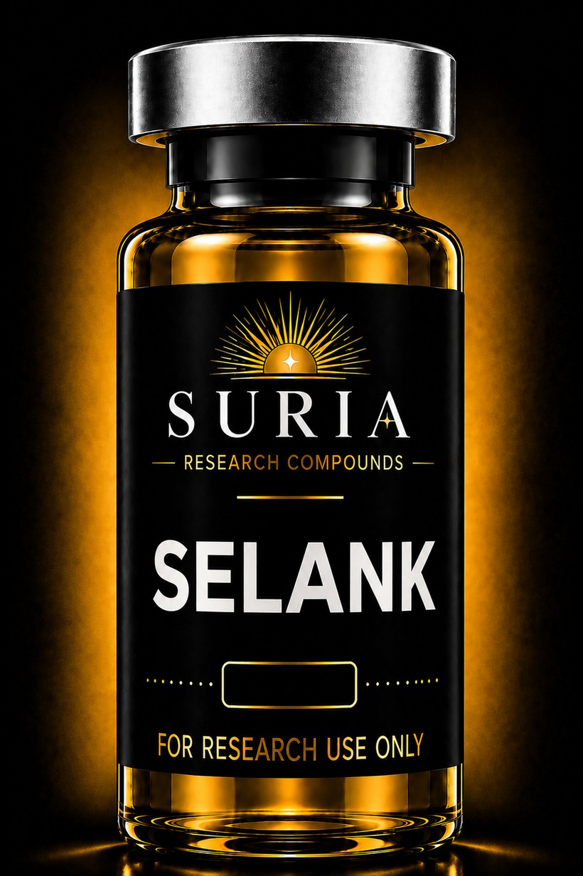 Vial of Selank research compound with silver cap and Suria label