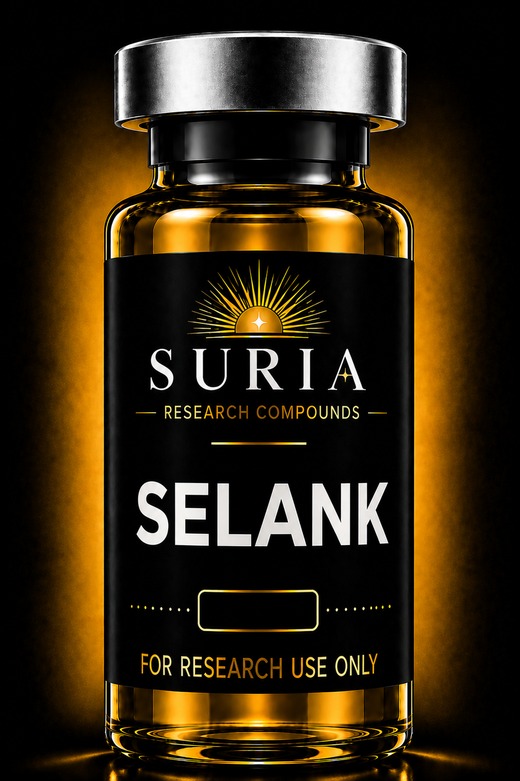 Vial of Selank research compound with silver cap and Suria label