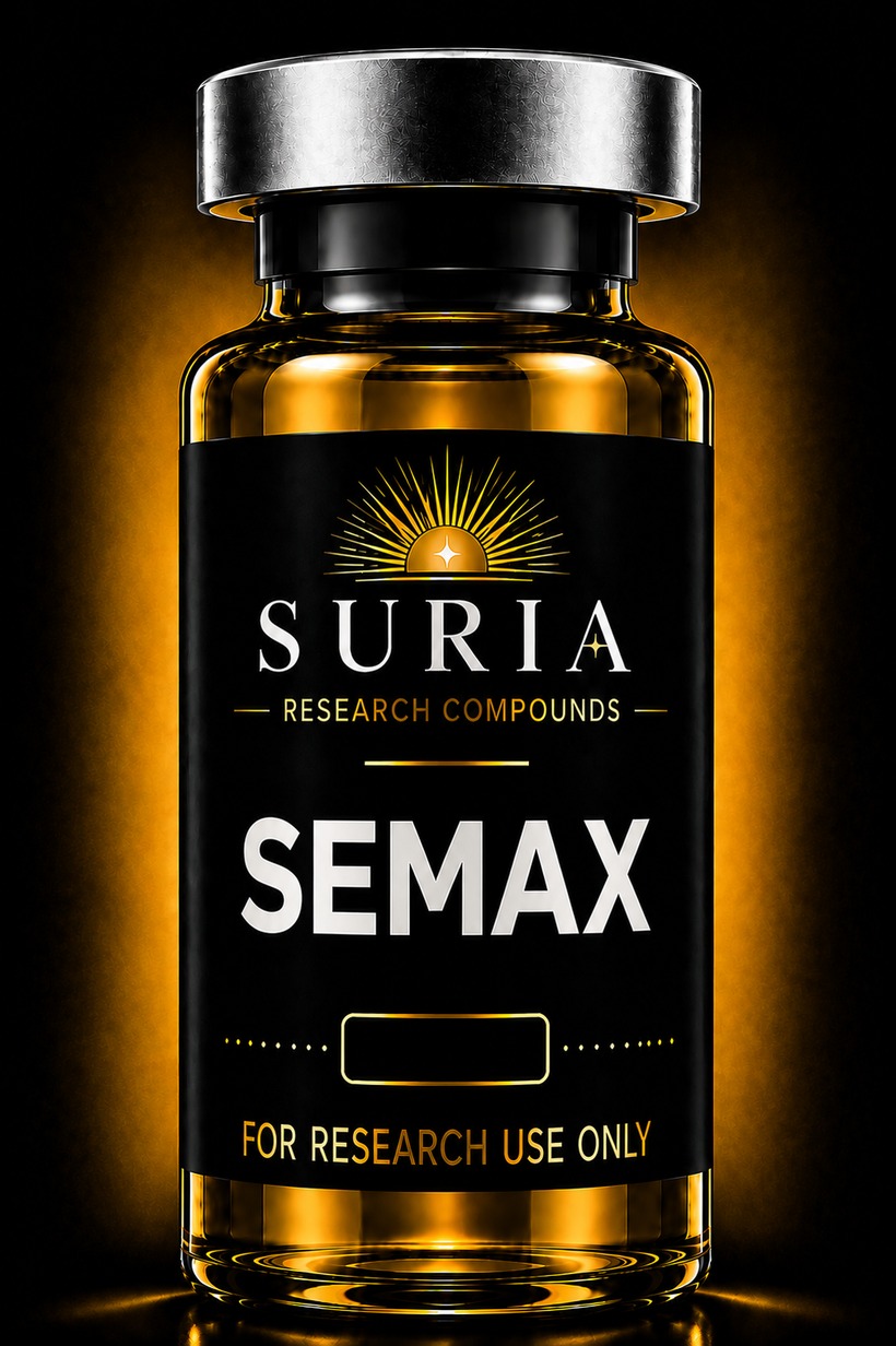 Vial of Semax research compound with silver cap and Suria label