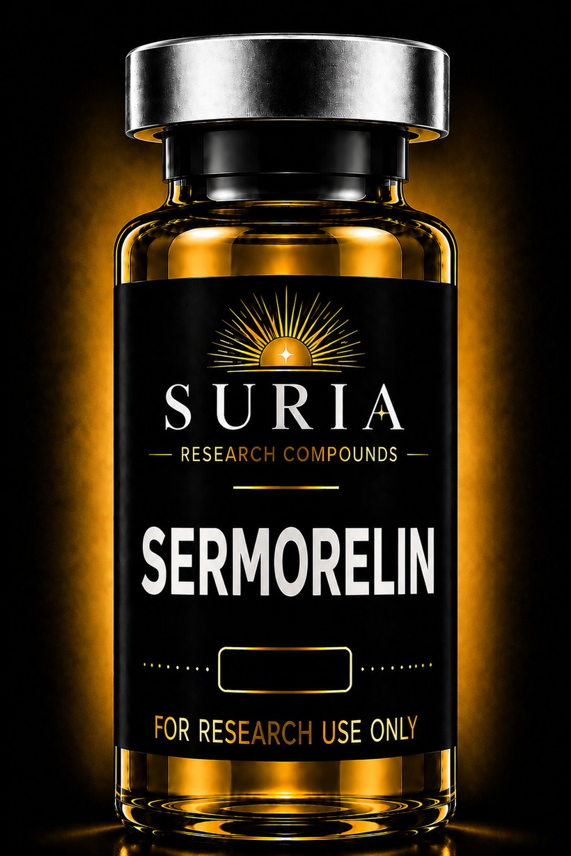 Vial of Sermorelin research compound with silver cap and Suria label, lit against a dark background with warm gold ambient light