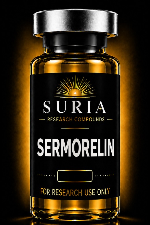 Vial of Sermorelin research compound with silver cap and Suria label