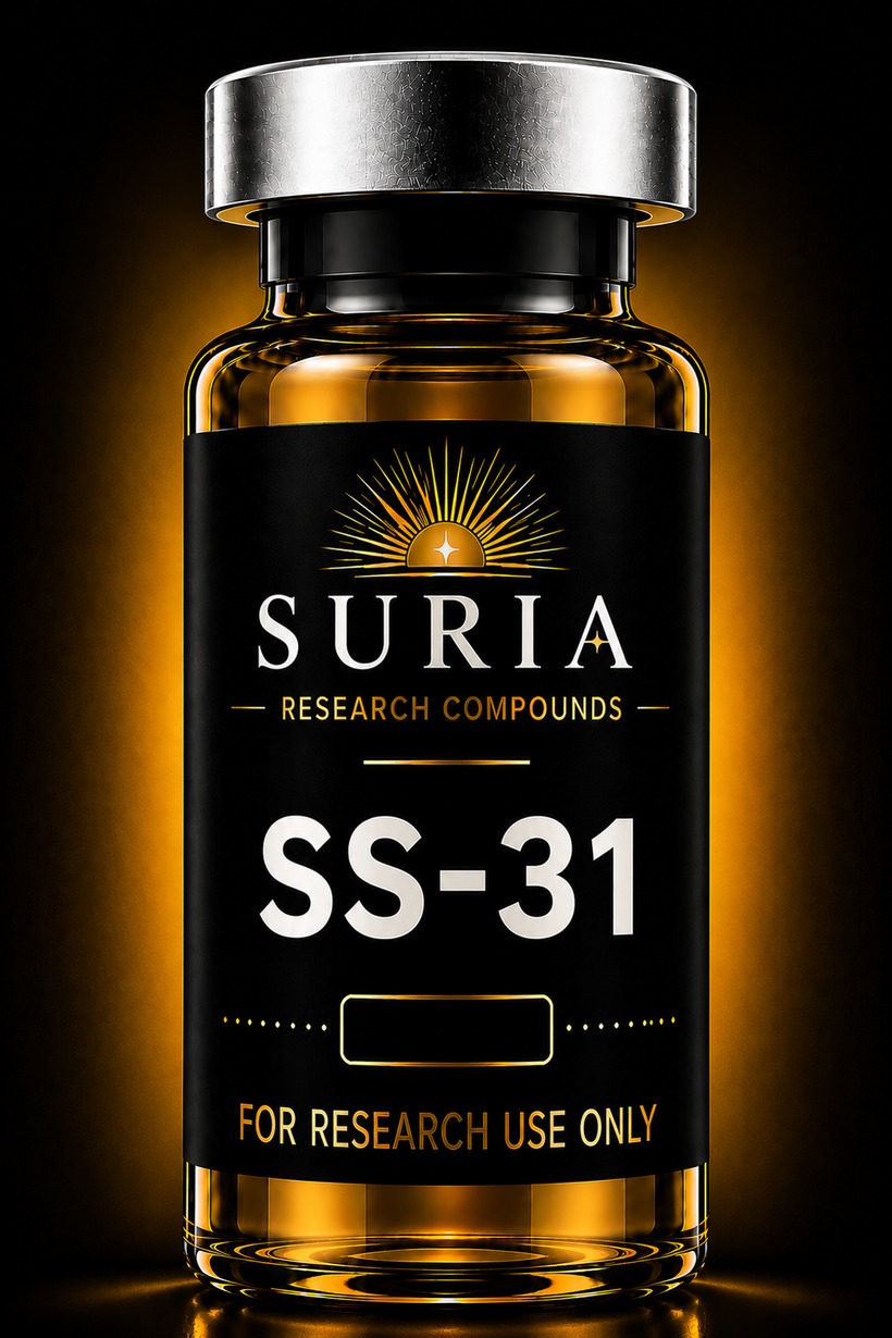 Vial of SS-31 research compound with silver cap and Suria label