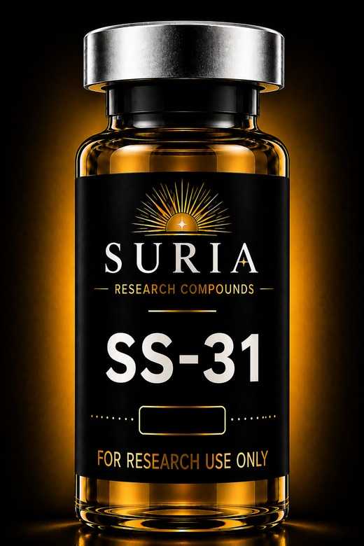 Vial of SS-31 research compound with silver cap and Suria label