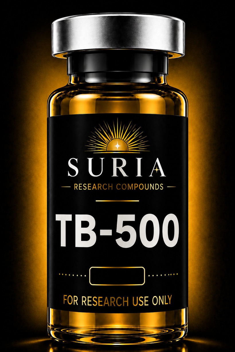 Vial of TB-500 research compound with silver cap and Suria label