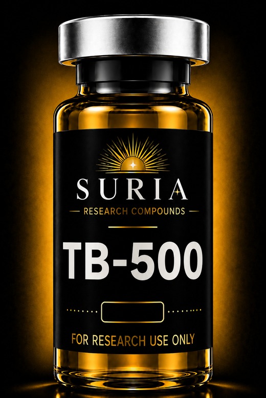 Vial of TB-500 research compound with silver cap and Suria label