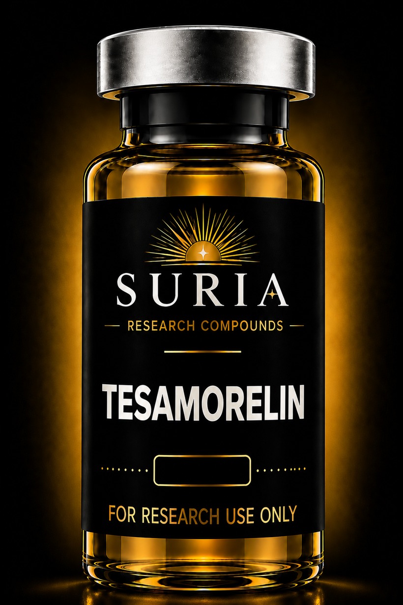 Vial of Tesamorelin research compound with silver cap and Suria label, lit against a dark background with warm gold ambient light