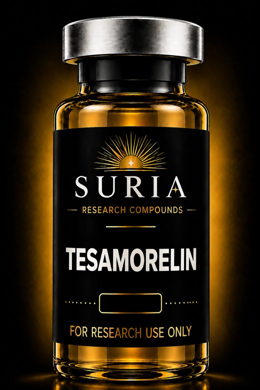 Vial of Tesamorelin research compound with silver cap and Suria label